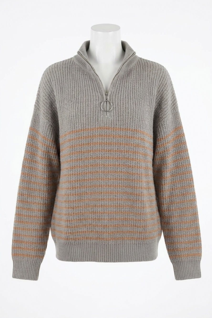 NEW &MERCI ribbed half-zip sweater in grey taupe combo